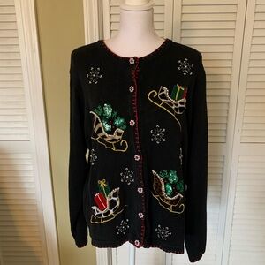 Vintage Victoria Jones Festive Christmas Sweater Sleigh and Snowflake Design